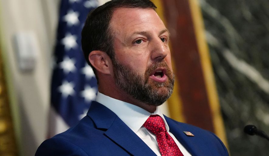 Homeland Security Secretary Markwayne Mullin speaks in the Indian Treaty Room at the Eisenhower Executive Office Building on the White House campus, Friday, July 17, 2026, in Washington. (AP Photo/Julia Demaree Nikhinson)