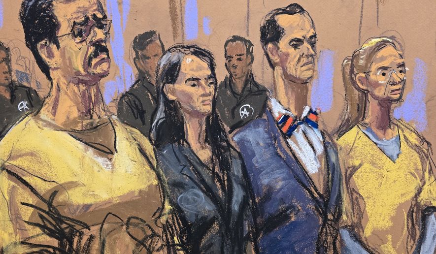 In this courtroom sketch, from left, former Venezuela President Nicholas Maduro, attorneys Anna Estevao and Mark Donnelly, and Maduro's wife, Cilia Flores, stand during a pretrial hearing in a drug trafficking case for Maduro and Flores, Wednesday, July 22, 2026, at Manhattan federal court in New York. (Jane Rosenberg via AP)
