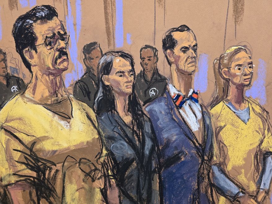 In this courtroom sketch, from left, former Venezuela President Nicholas Maduro, attorneys Anna Estevao and Mark Donnelly, and Maduro's wife, Cilia Flores, stand during a pretrial hearing in a drug trafficking case for Maduro and Flores, Wednesday, July 22, 2026, at Manhattan federal court in New York. (Jane Rosenberg via AP)