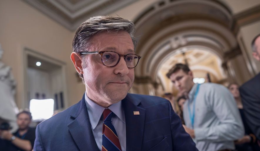 Speaker of the House Mike Johnson, R-La., leaves without taking any questions from reporters after finishing a series of votes on President Donald Trump's priorities, at the Capitol in Washington, Wednesday, July 22, 2026. (AP Photo/J. Scott Applewhite)