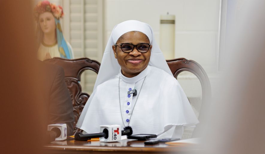 Sister Leticia "Letty" Ugboaja at a news conference at Our Lady of Sorrows Catholic Church on Thursday, July 23, 2026, in McAllen, Texas. (AP Photo/Michael Gonzalez)