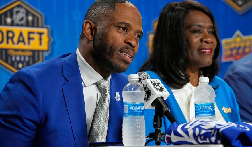 FILE - Tennessee State athletic director Mikki Allen, left, speaks during a news conference, June 28, 2023, in Nashville, Tenn. (AP Photo/George Walker IV, File)