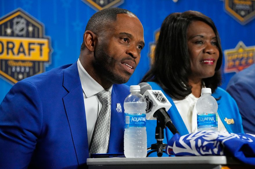 FILE - Tennessee State athletic director Mikki Allen, left, speaks during a news conference, June 28, 2023, in Nashville, Tenn. (AP Photo/George Walker IV, File)