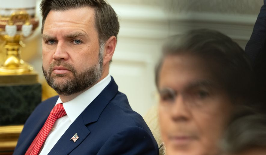 Vice President JD Vance listens as President Donald Trump meets with Lebanese President Joseph Aoun in the Oval Office at the White House, Tuesday, July 21, 2026, in Washington. (AP Photo/Mark Schiefelbein)