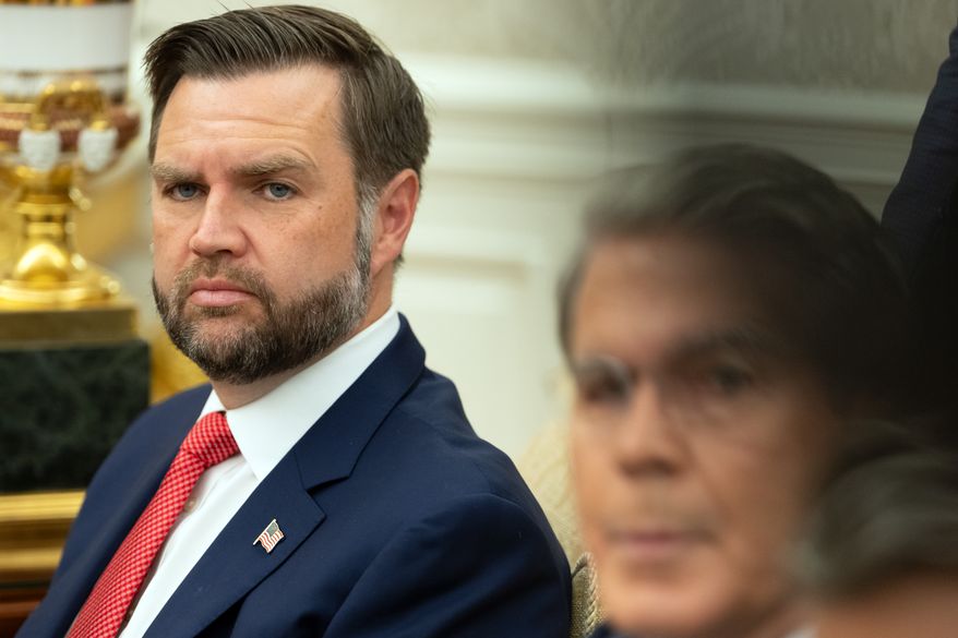 Vice President JD Vance listens as President Donald Trump meets with Lebanese President Joseph Aoun in the Oval Office at the White House, Tuesday, July 21, 2026, in Washington. (AP Photo/Mark Schiefelbein)