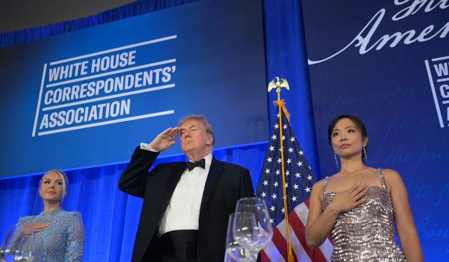 President Donald Trump attends the White House Correspondents' Association Dinner, at the Waldorf Astoria Washington DC, Friday, July 24, 2026, in Washington, with with WHCA president Weijia Jiang, right and White House press secretary Karoline Leavitt. (AP Photo/Rod Lamkey, Jr.)