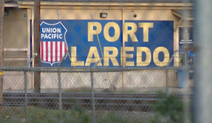 In this image taken from video footage provided by KGNS, Union Pacific signage is displayed at a rail yard in Laredo, Texas, May 10, 2026. (KGNS via AP, File)