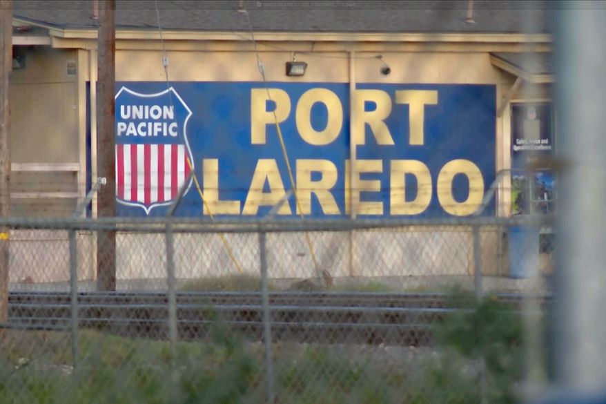 In this image taken from video footage provided by KGNS, Union Pacific signage is displayed at a rail yard in Laredo, Texas, May 10, 2026. (KGNS via AP, File)