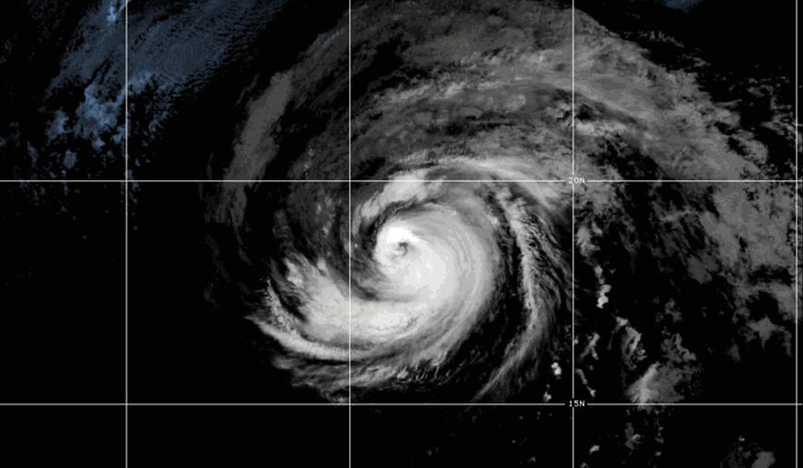 This NOAA satellite image taken Friday, July 24, 2026, shows Hurricane Fausto moving in the Pacific Ocean. (NOAA via AP)