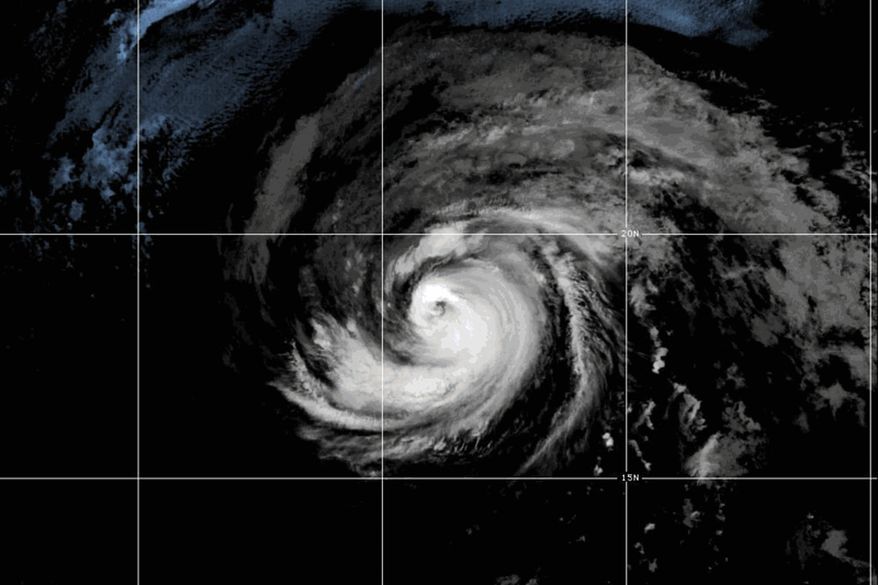 This NOAA satellite image taken Friday, July 24, 2026, shows Hurricane Fausto moving in the Pacific Ocean. (NOAA via AP)