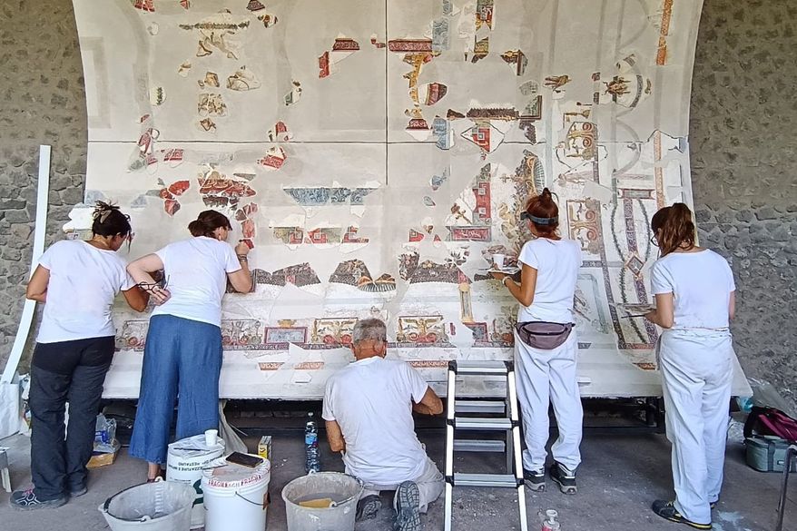 In this picture made available by the Archaeological Park of Pompeii, Friday, July 24, 2026, part of the restored ceiling of the Bakery House is displayed at the Pompeii Archaeological site. (Parco Archeologico di Pompei via AP)