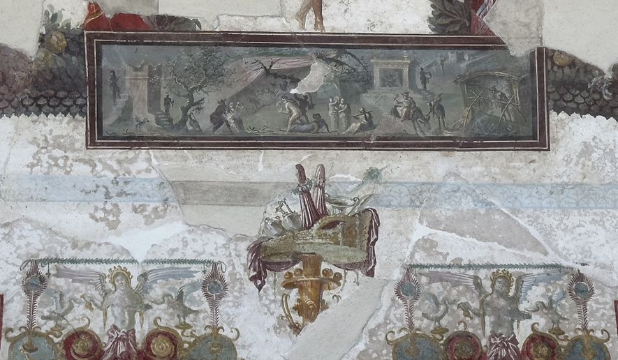 In this picture made available by the Archaeological Park of Pompeii, Friday, July 24, 2026, part of the restored ceiling of the Bakery House is displayed at the Pompeii Archaeological site. (Parco Archeologico di Pompei via AP)