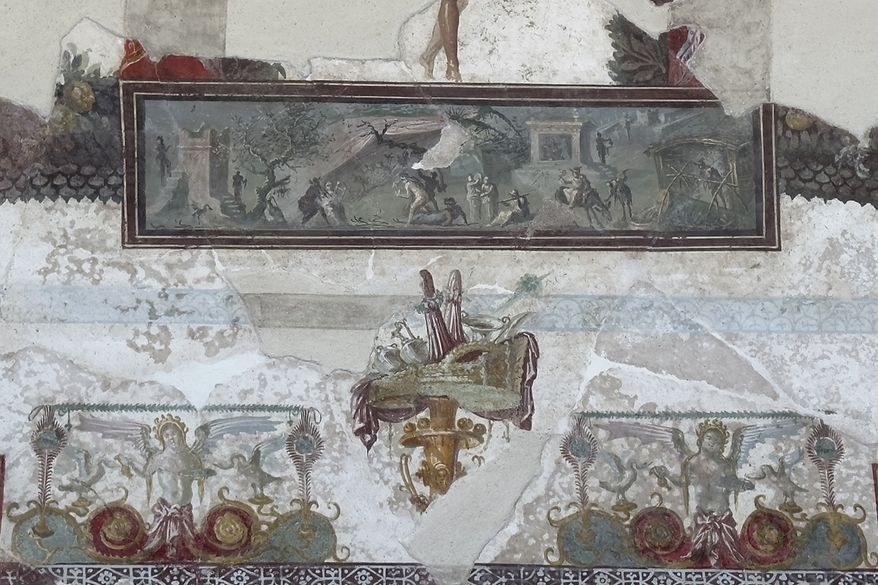 In this picture made available by the Archaeological Park of Pompeii, Friday, July 24, 2026, part of the restored ceiling of the Bakery House is displayed at the Pompeii Archaeological site. (Parco Archeologico di Pompei via AP)