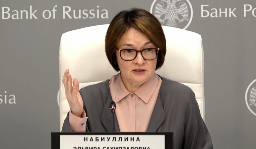 In this photo taken from a video provided by the Central Bank of Russia press service, Central Bank Governor Elvira Nabiullina holds a regular press conference following a board meeting in Moscow, Russia, on Friday, July 24, 2026. (Central Bank of Russia press service via AP)