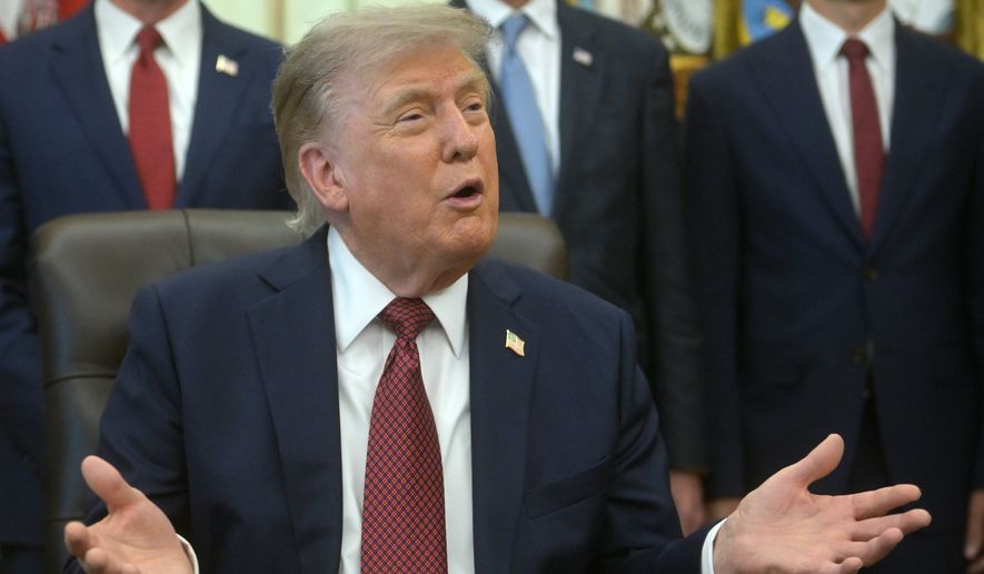 President Donald Trump speaks in the Oval Office of the White House, Friday, July 24, 2026, in Washington. (AP Photo/Rod Lamkey, Jr.)