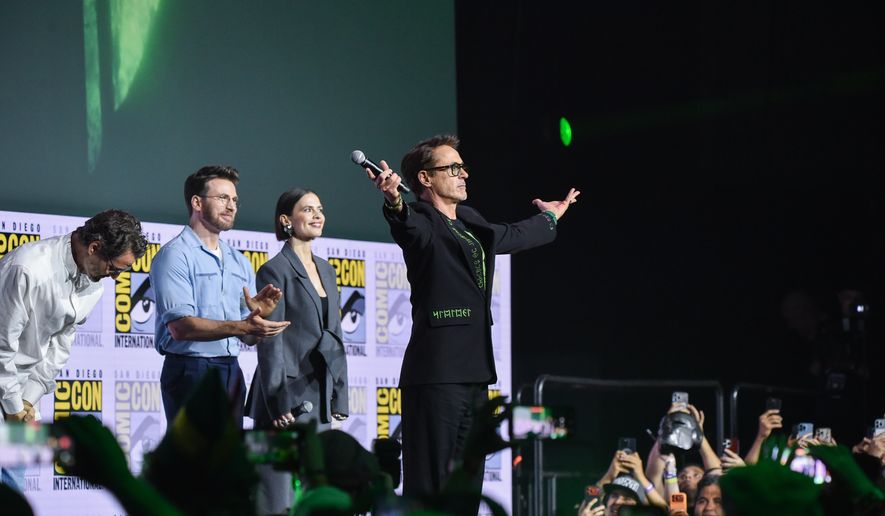 Pedro Pascal, from left, Chris Evans, Hayley Atwell, and Robert Downey Jr. attend a panel for Marvel Studios during Comic-Con International on Saturday, July 25, 2026, in San Diego. (Photo by Richard Shotwell/Invision/AP)