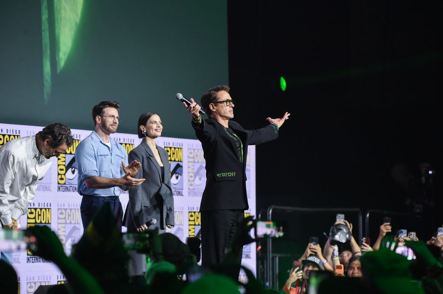 Pedro Pascal, from left, Chris Evans, Hayley Atwell, and Robert Downey Jr. attend a panel for Marvel Studios during Comic-Con International on Saturday, July 25, 2026, in San Diego. (Photo by Richard Shotwell/Invision/AP)