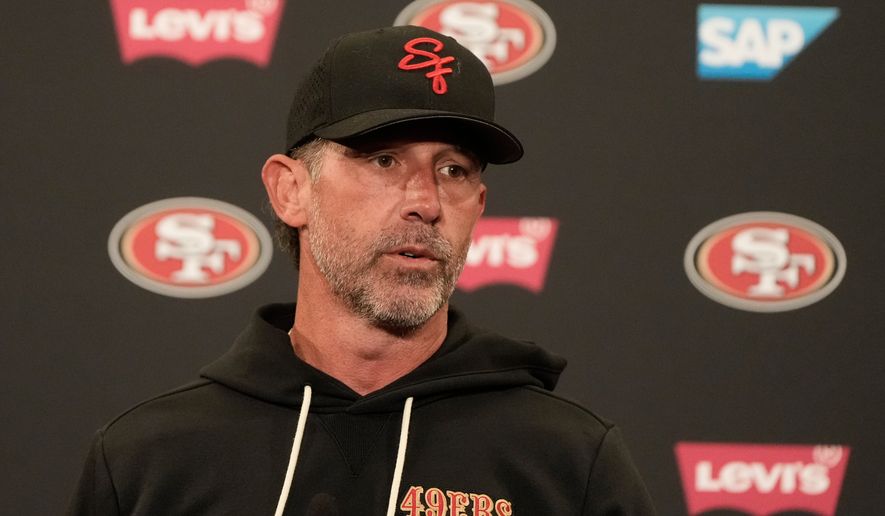 San Francisco 49ers head coach Kyle Shanahan speaks at a news conference after an NFL football practice Thursday, May 28, 2026, in Santa Clara, Calif. (AP Photo/Jeff Chiu, File)