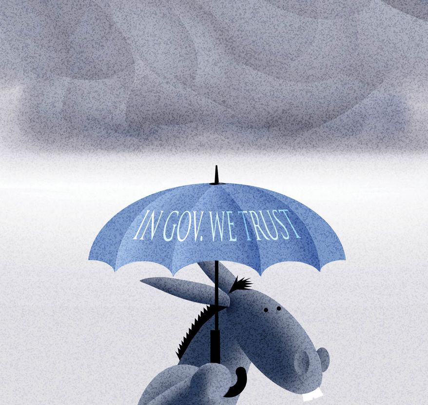 Democrats' trust in government illustration by Alexander Hunter/The Washington Times