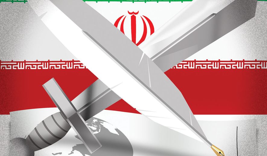 Peace and war with Iran illustration by Alexander Hunter/The Washington Times
