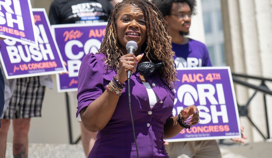 Former Rep. Cori Bush, D-Mo., speaks during a campaign rally on Saturday, July 18, 2026, in St. Louis. (AP Photo/Michael Thomas)
