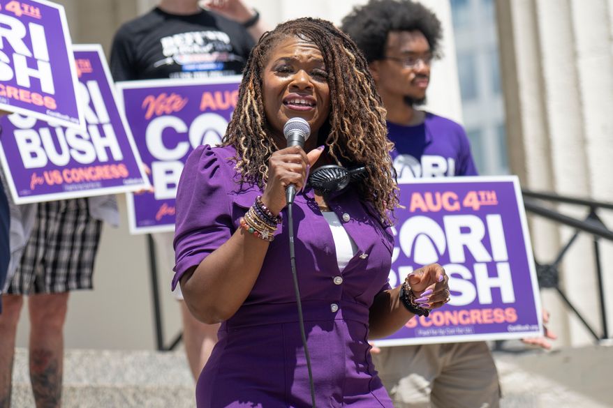 Former Rep. Cori Bush, D-Mo., speaks during a campaign rally on Saturday, July 18, 2026, in St. Louis. (AP Photo/Michael Thomas)