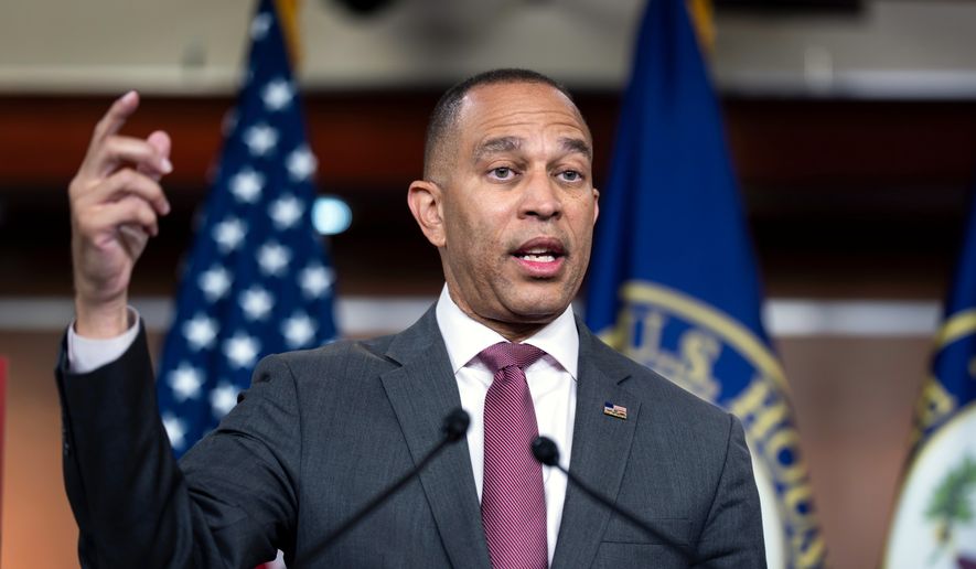 House Minority Leader Hakeem Jeffries, D-N.Y., speaks to reporters ahead of an address by President Donald Trump, Thursday, July 16, 2026, at the Capitol in Washington. (AP Photo/J. Scott Applewhite)