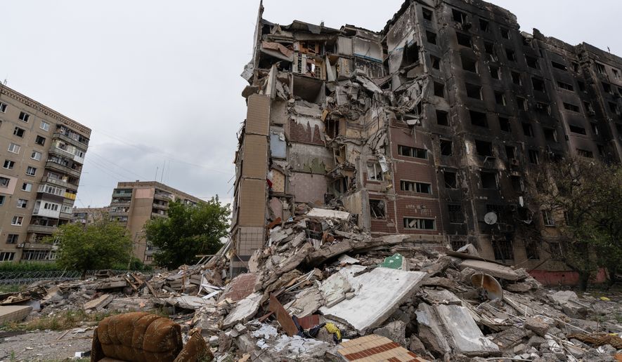 This photo provided by Ukraine's 93rd Kholodnyi Yar Separate Mechanized Brigade press service and taken Saturday, July 25, 2026, shows the damaged center of the frontline town of Druzhkivka, Donetsk region, Ukraine. (Iryna Rybakova/Ukraine's 93rd Mechanized Brigade via AP)