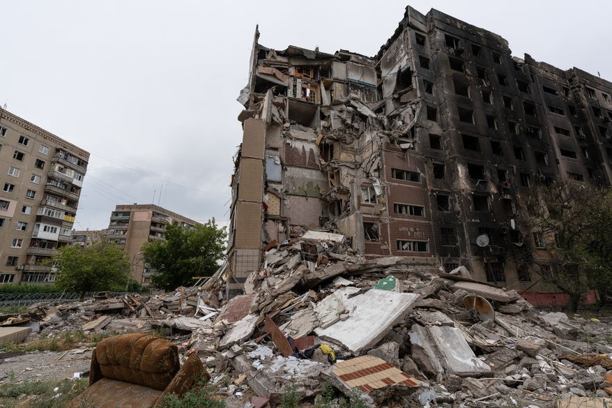 This photo provided by Ukraine's 93rd Kholodnyi Yar Separate Mechanized Brigade press service and taken Saturday, July 25, 2026, shows the damaged center of the frontline town of Druzhkivka, Donetsk region, Ukraine. (Iryna Rybakova/Ukraine's 93rd Mechanized Brigade via AP)