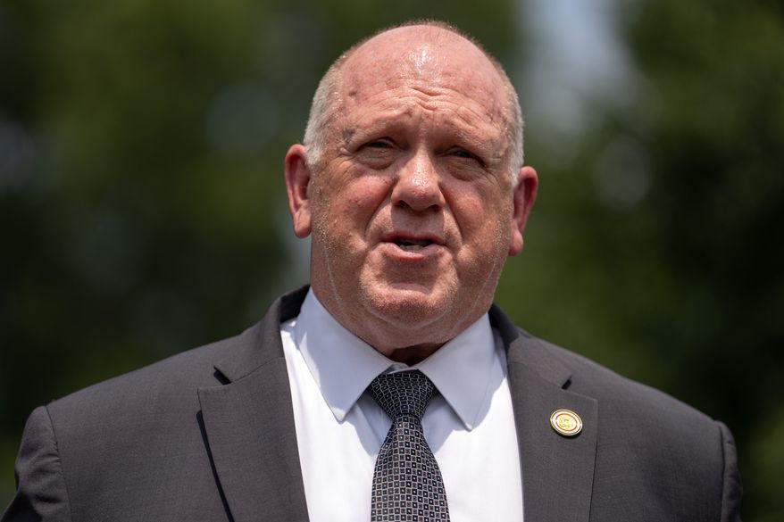 White House border czar Tom Homan speaks with reporters outside the White House, Monday, July 20, 2026, in Washington. (AP Photo/Mark Schiefelbein)