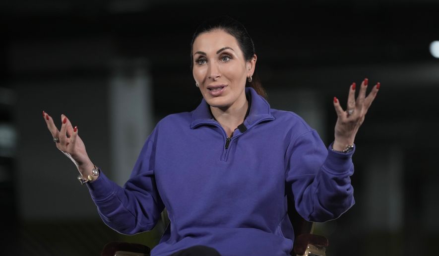 Laura Loomer speaks during her interview with The Associated Press, in Kyiv, Ukraine, Sunday, July 26, 2026. (AP Photo/Andrew Kravchenko)