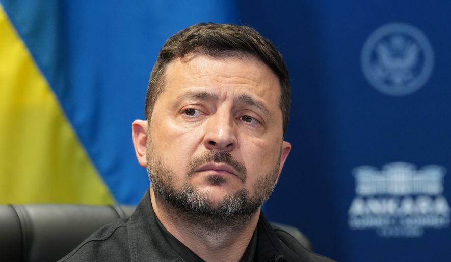 Ukraine's President Volodymyr Zelenskyy looks od during his meeting with U.S. President Donald Trump on the sidelines of the NATO summit in Ankara, Turkey, on July 8, 2026. (AP Photo/Alex Brandon, File)