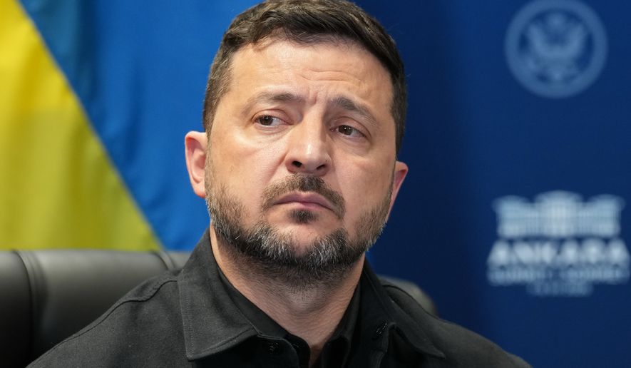 Ukraine's President Volodymyr Zelenskyy looks od during his meeting with U.S. President Donald Trump on the sidelines of the NATO summit in Ankara, Turkey, on July 8, 2026. (AP Photo/Alex Brandon, File)