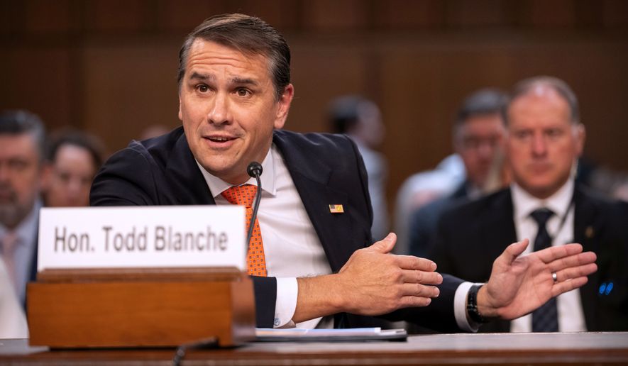 Acting Attorney General Todd Blanche appears before the Senate Judiciary Committee on Capitol Hill in Washington, Wednesday, July 15, 2026. (AP Photo/Mark Schiefelbein)