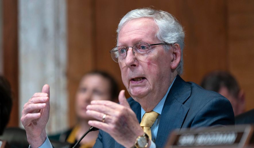 Sen. Mitch McConnell, R-Ky., speaks during a Senate Committee on Appropriations subcommittee hearing on Capitol Hill in Washington, May 20, 2025. (AP Photo/Jose Luis Magana, File)