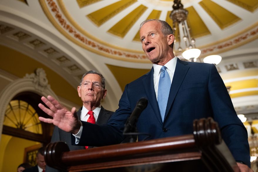 Senate Majority Leader John Thune, R-S.D., speaks to reporters following a weekly policy luncheon at the Capitol in Washington, Tuesday, July 21, 2026. (AP Photo/Allison Robbert)