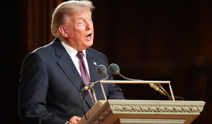 President Donald Trump speaks at the funeral of Sen. Lindsey Graham, R-S.C., at the Washington National Cathedral, Tuesday, July 28, 2026, in Washington. (AP Photo/Alex Brandon, Pool)