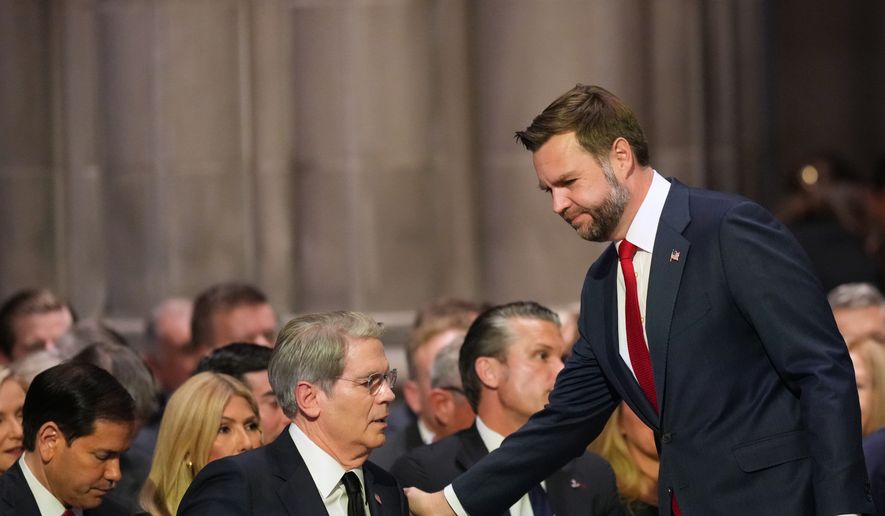 Vice President J.D. Vance arrives for the funeral of Sen. Lindsey Graham, R-S.C., at the Washington National Cathedral, Tuesday, July 28, 2026, in Washington, along with Secretary of State Marco Rubio, Treasury Secretary Scott Bessent and Defense Secretary Pete Hegseth. (AP Photo/Alex Brandon)