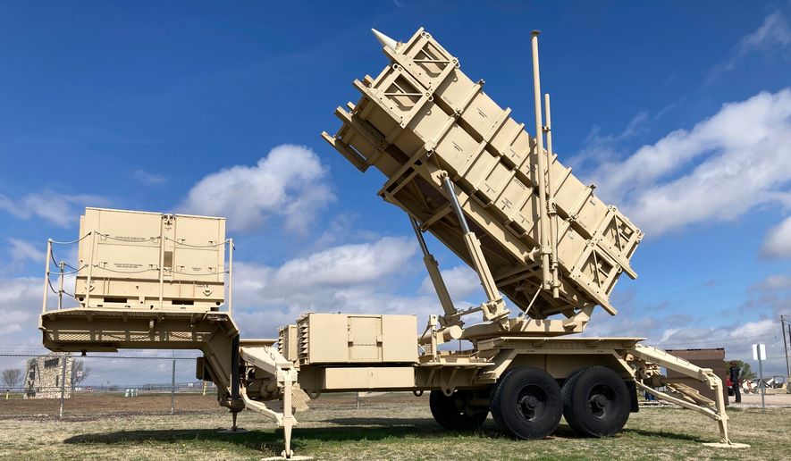 A Patriot missile mobile launcher is displayed outside the Fort Sill Army Post near Lawton, Okla., on March 21, 2023. (AP Photo/Sean Murphy, File)