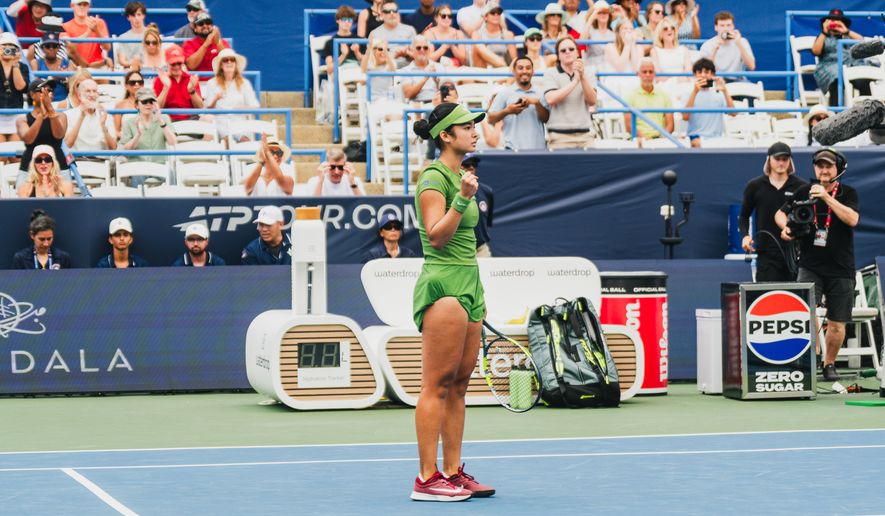 Alex Eala of the Philippines celebrates winning her second-round match over Leylah Fernandez of Canada at the DC Open tennis tournament in Washington, D.C., Wednesday, July 29, 2026. (All-Pro Reels)