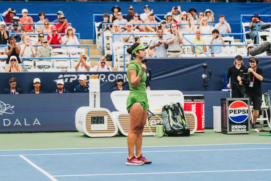 Alex Eala of the Philippines celebrates winning her second-round match over Leylah Fernandez of Canada at the DC Open tennis tournament in Washington, D.C., Wednesday, July 29, 2026. (All-Pro Reels)