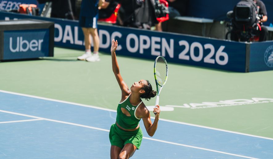 Leylah Fernandez of Canada serves to Alex Eala of the Philippines a second-round match at the DC Open tennis tournament in Washington, D.C., Wednesday, July 29, 2026. (All-Pro Reels)