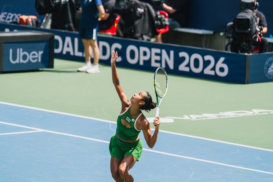 Leylah Fernandez of Canada serves to Alex Eala of the Philippines a second-round match at the DC Open tennis tournament in Washington, D.C., Wednesday, July 29, 2026. (All-Pro Reels)