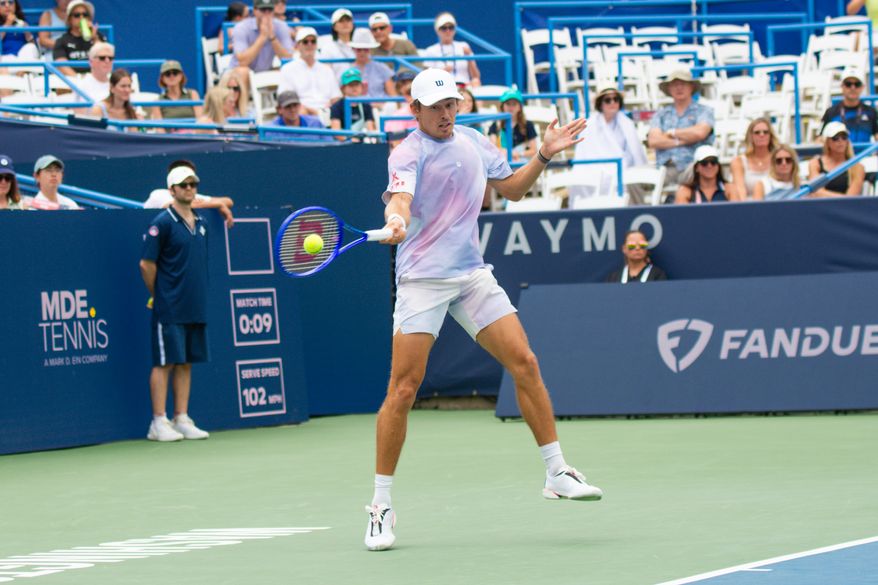 Alex de Minaur of Australia returns a ball in his first round match against Stefanos Tsitsipas of Greece at the DC Open tennis tournament in Washington, D.C., Wednesday, July 29, 2026. (All-Pro Reels)