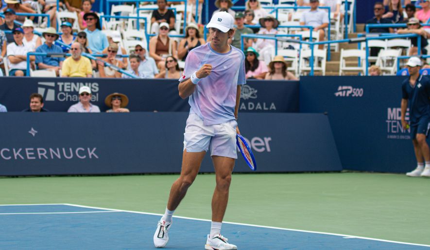 Alex de Minaur of Australia celebrates a point in his first round match against Stefanos Tsitsipas of Greece at the DC Open tennis tournament in Washington, D.C., Wednesday, July 29, 2026. (All-Pro Reels)