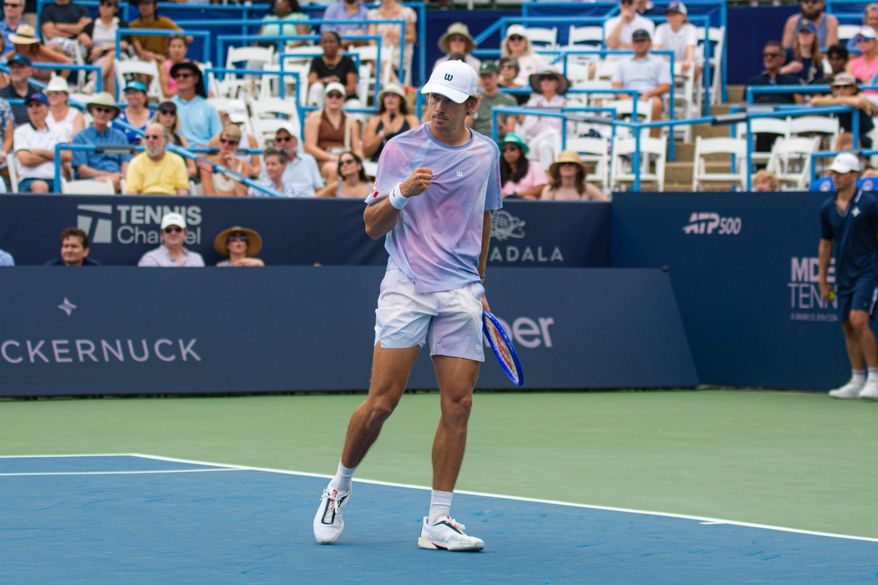 Alex de Minaur of Australia celebrates a point in his first round match against Stefanos Tsitsipas of Greece at the DC Open tennis tournament in Washington, D.C., Wednesday, July 29, 2026. (All-Pro Reels)