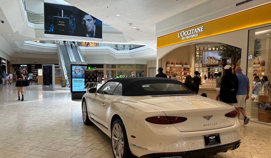 A display of a Bentley car at the Mall at Short Hills, in Short Hills, New Jersey, June 6, 2026, which has remained a premier luxury shopping destination for decades. (AP Photo/ Anne D'Innocenzio)