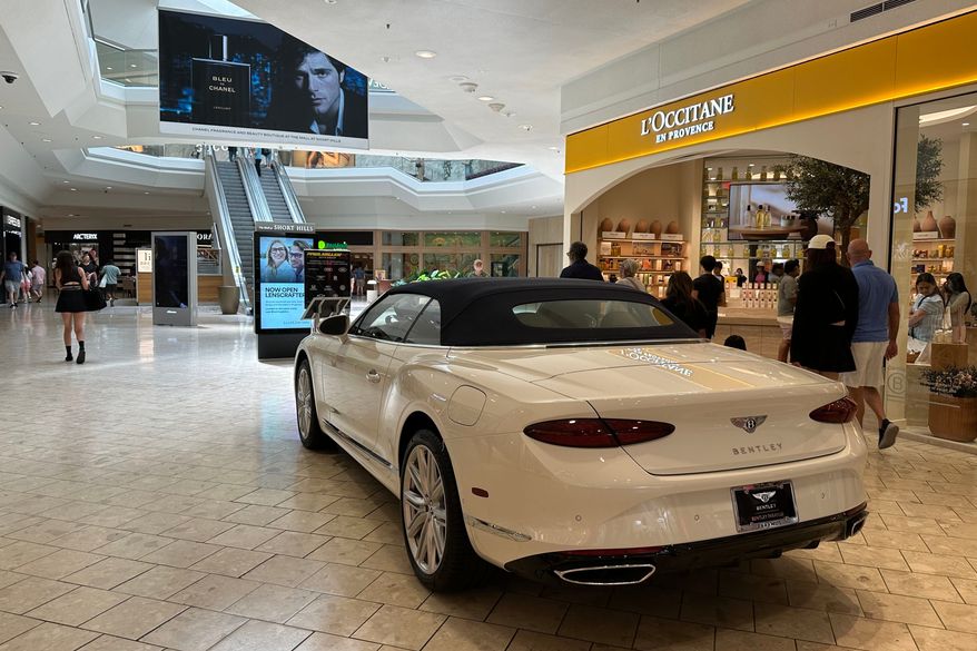 A display of a Bentley car at the Mall at Short Hills, in Short Hills, New Jersey, June 6, 2026, which has remained a premier luxury shopping destination for decades. (AP Photo/ Anne D'Innocenzio)