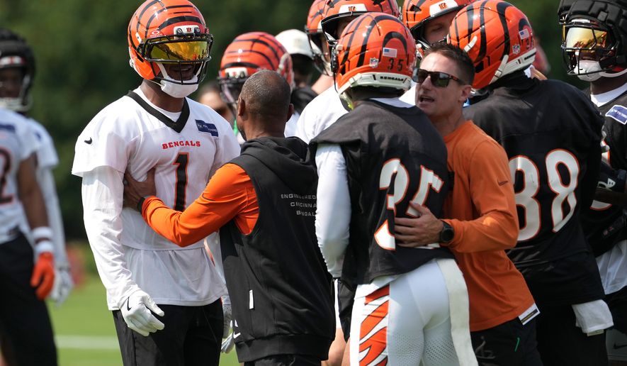 Cincinnati Bengals wide receiver Ja'marr Chase (1), left, and cornerback Jalen Davis (35), right, argue during practice at the team's NFL football training camp, Wednesday, July 29, 2026, in Cincinnati. (AP Photo/Kareem Elgazzar)