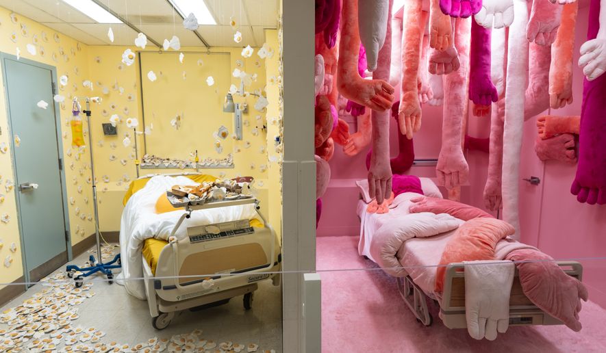 Installations by Melan Allen, left, and Nathalie Auzepy are displayed during the "Hospital of Emotions" exhibition inside a former hospital building in Los Angeles, Wednesday, July 22, 2026. (AP Photo/Jae C. Hong)